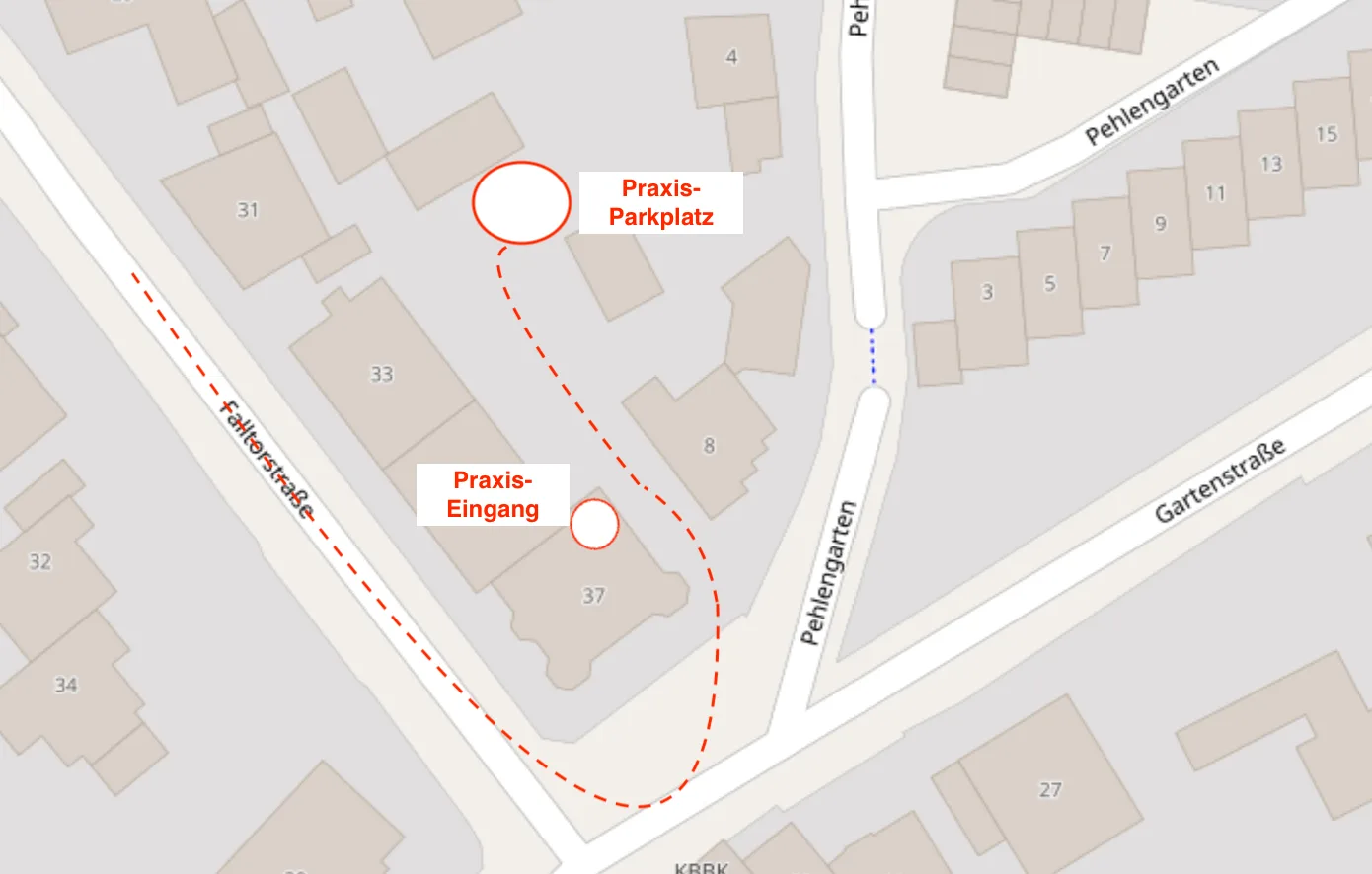 Karte der Falltorstraße Ecke Gartenstraße. Eine gestrichelte Linie führt von der Gartenstraße in den Hof hinter Haus 37 zum Praxis-Parkplatz und von dort zum Praxis-Eingang an der Straßenseite.
